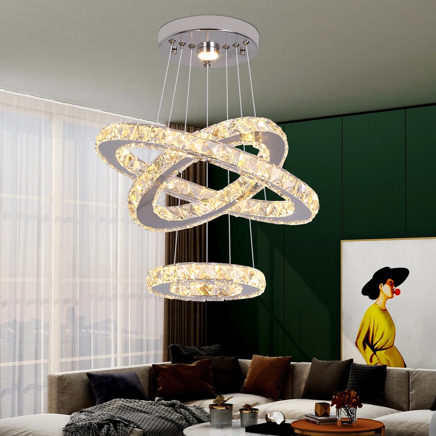 Modern Crystal Chandelier Pendant Light Dimmable LED with Remote Control