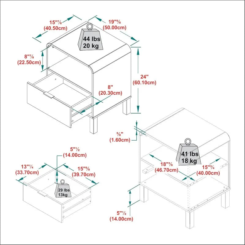 Ljustra Modern Curved-Top Solid Wood Nightstand 1-Drawer Open Cubby