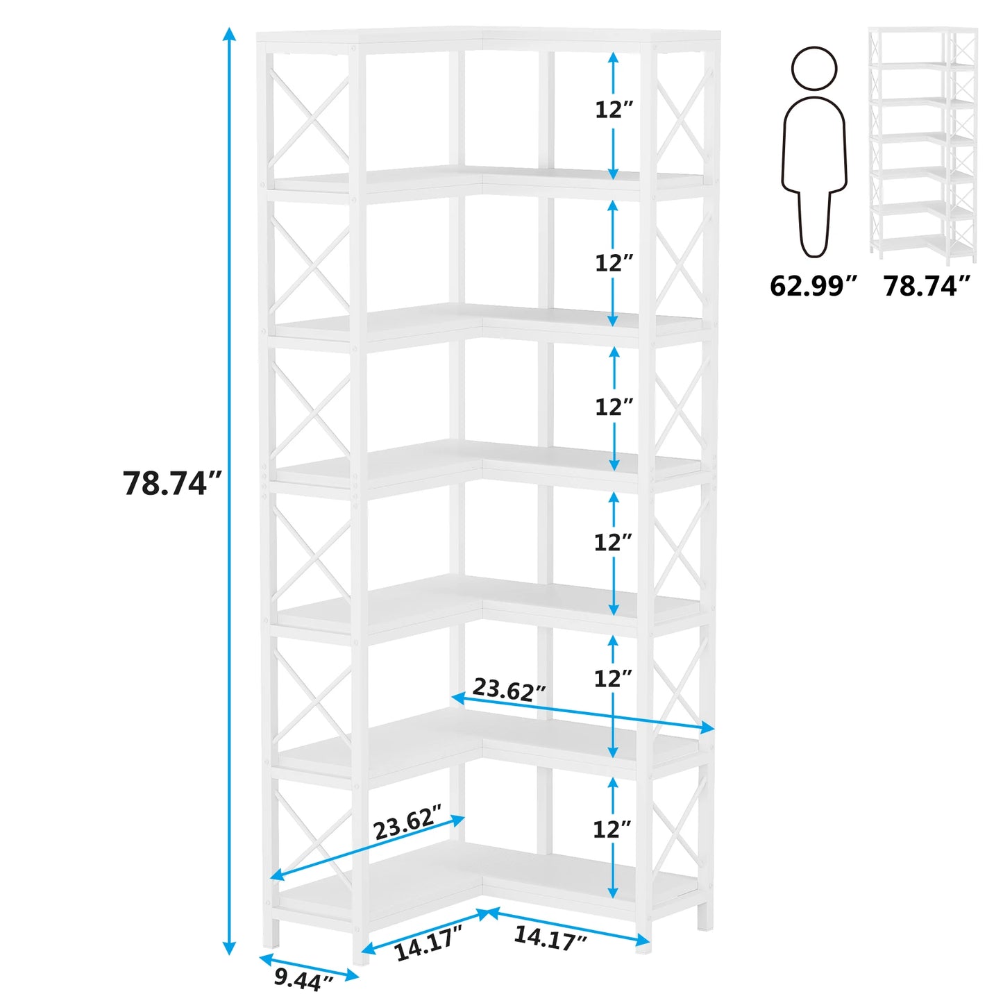 Ljustra 7-Shelf Corner Bookshelf Modern Corner Bookcase Storage Rack