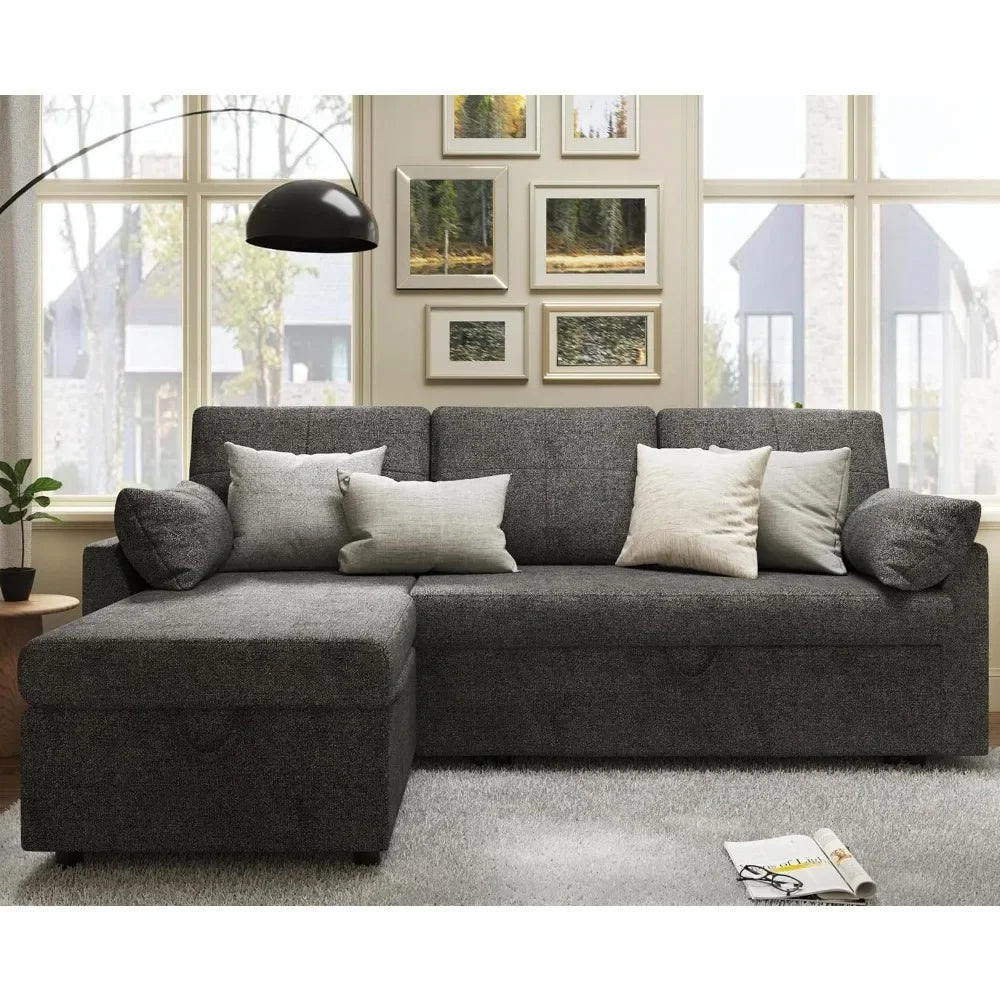 Modern Sleeper Sofa Bed with Storage Chaise & Pull-Out Couch | Bouclé Fabric 84” L-Shaped
