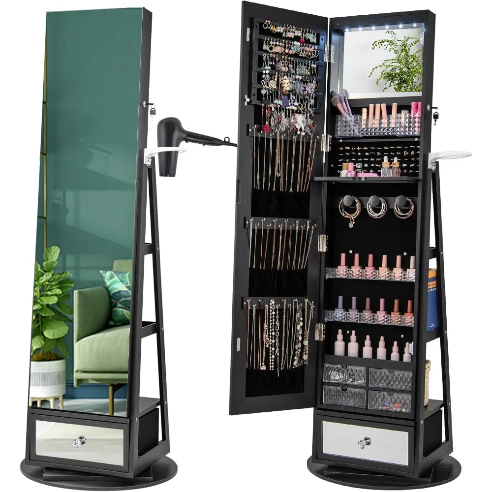 360 Swivel Jewelry Cabinet Armoire Full Length Mirror LED Organizer