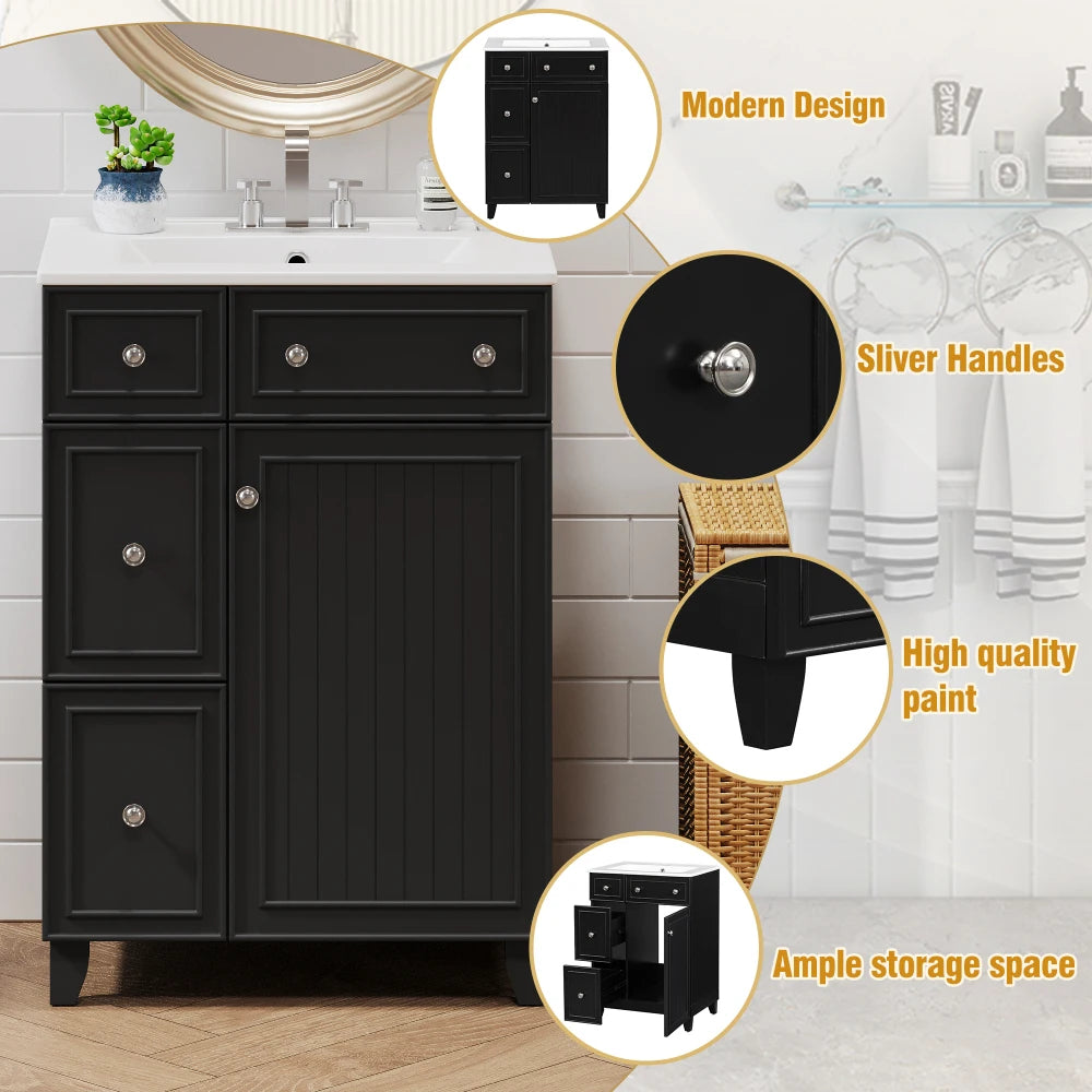 24 Inch Bathroom Vanity Cabinet Ceramic Sink 2 Drawers Storage