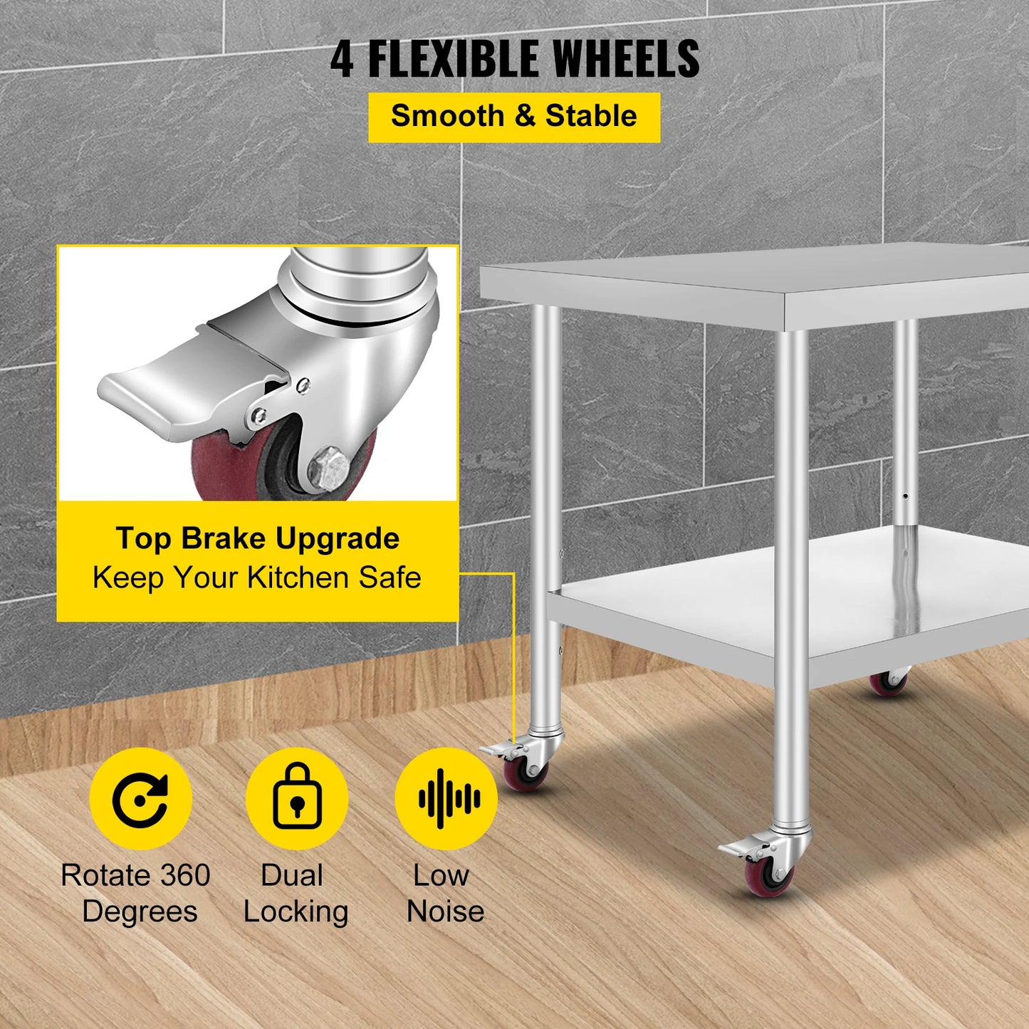 SucceBuy Stainless Steel Kitchen Prep Table with Caster Wheels 352 lbs Load