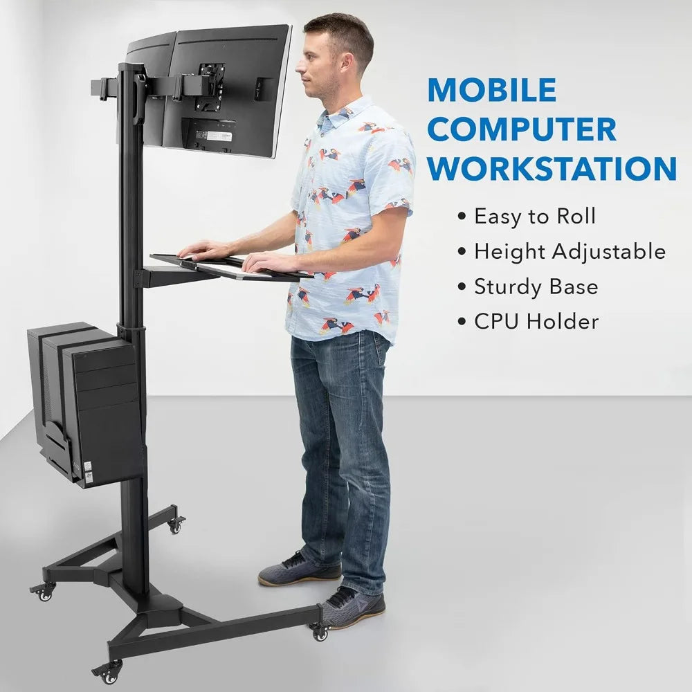 Adjustable Rolling Computer Cart Mobile Desk for Dual Monitors up to 32"
