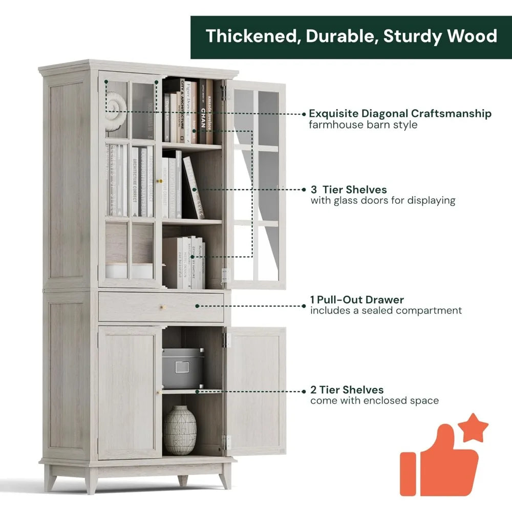 Modern White Oak Bookcase with Glass Doors Adjustable Shelves Storage