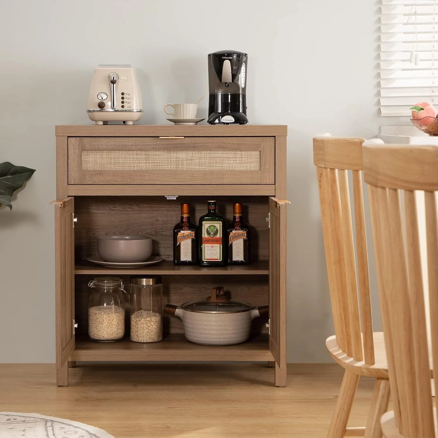 Ljustra Three Piece Side Panel Buffet Cabinet Rattan Storage Natural Oak