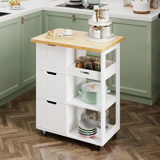 Kitchen Island Storage Cart Rolling Microwave Cart with 3 Drawers