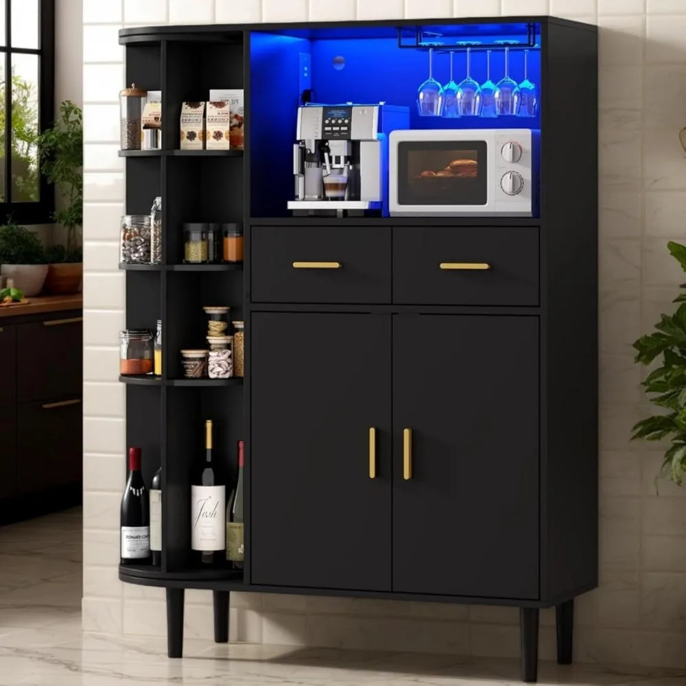 Kitchen Pantry Storage Cabinet with Charging Station LED Lights Wine Rack
