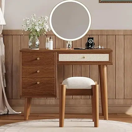 Retro Wooden Makeup Vanity Set with 4 Storage Drawers and Stool