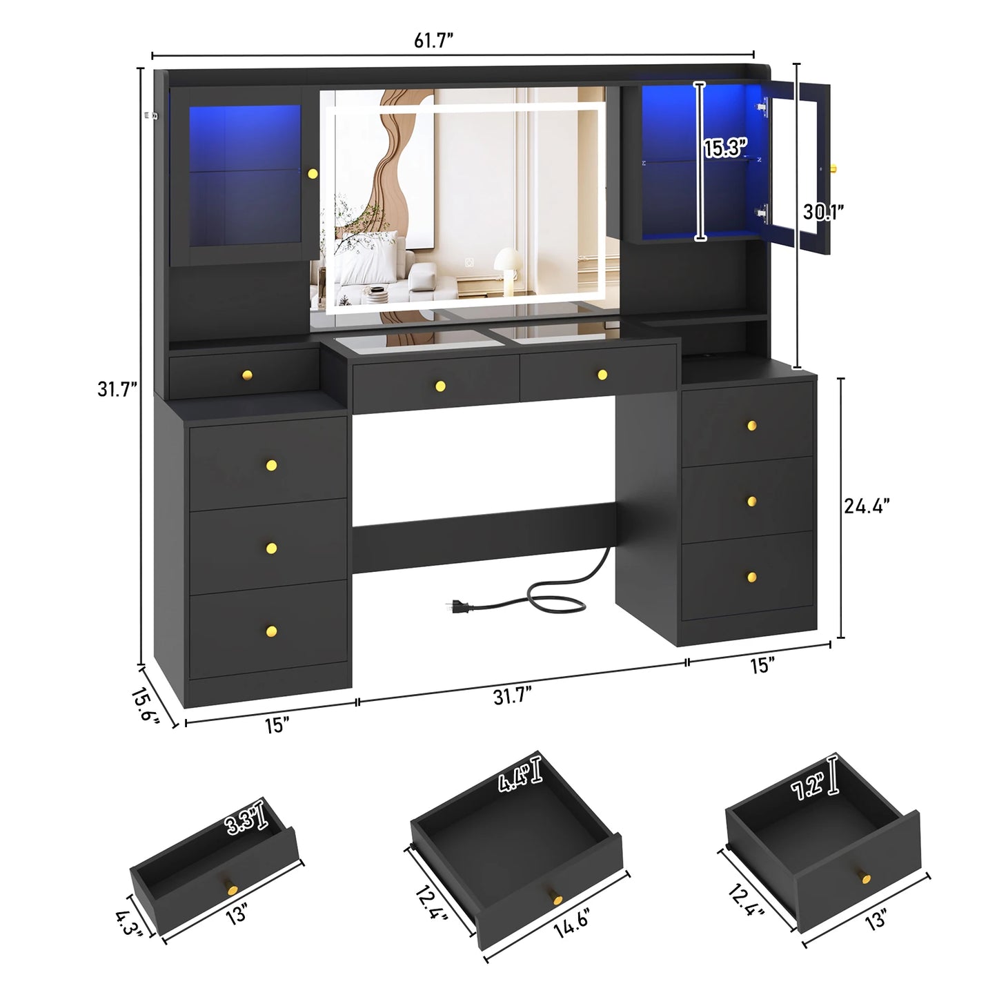 61.7" Large Vanity Desk with Mirror Lights Charging Station Storage