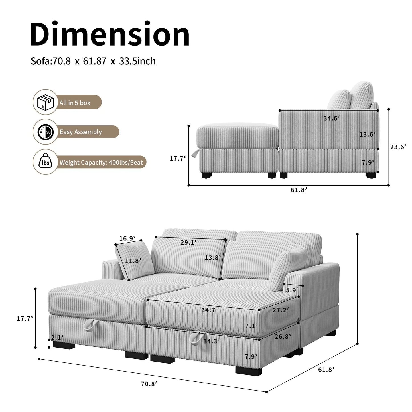 Corduroy Modular Sectional Sofa Modern Cloud Couch Living Room Furniture