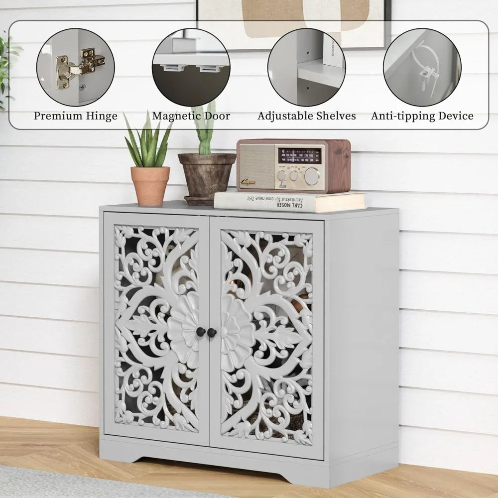 Buffet Cabinet Wooden Carved Sideboard Storage Adjustable Shelves Accent