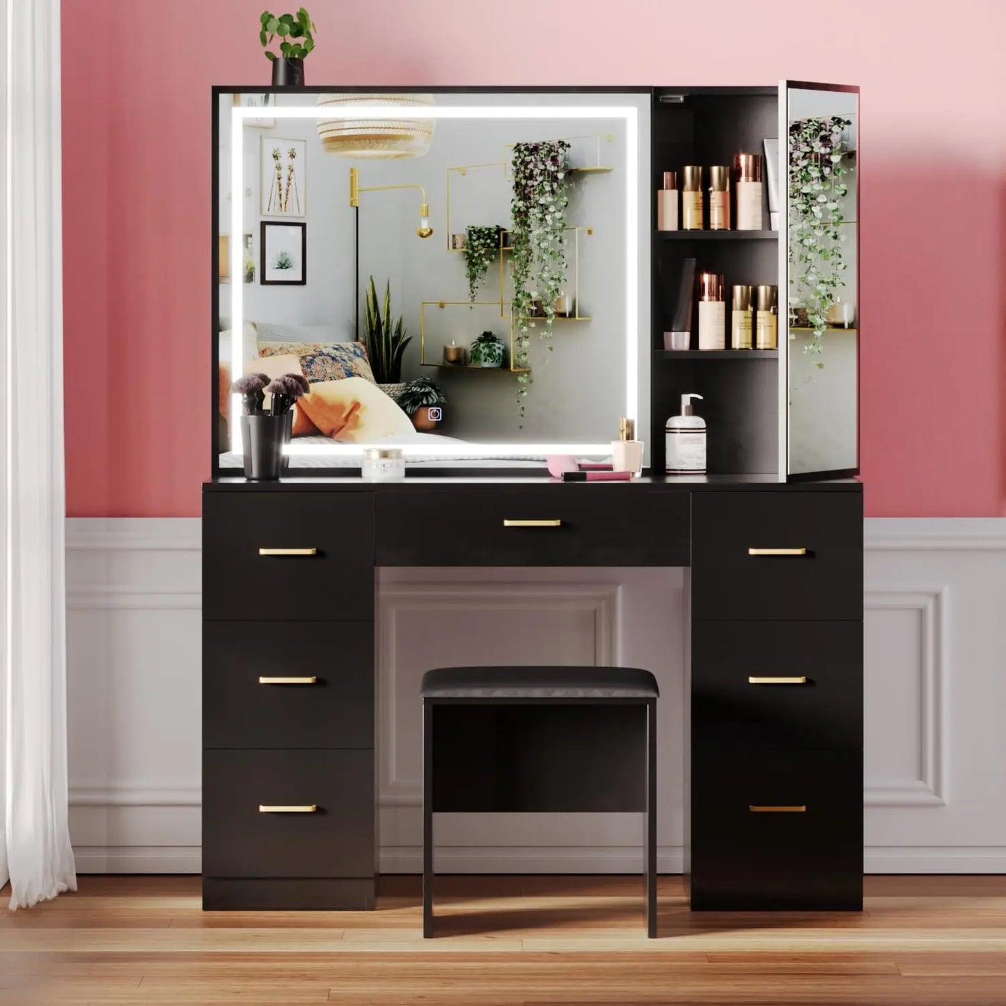 Modern Vanity Desk with Lighted Mirror Charging Station Makeup Table