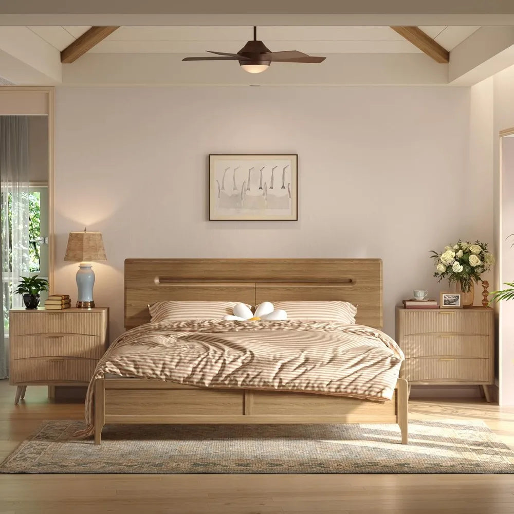 Large Fluted Nightstands Set of 2 3-Drawer Wood Bedside Table