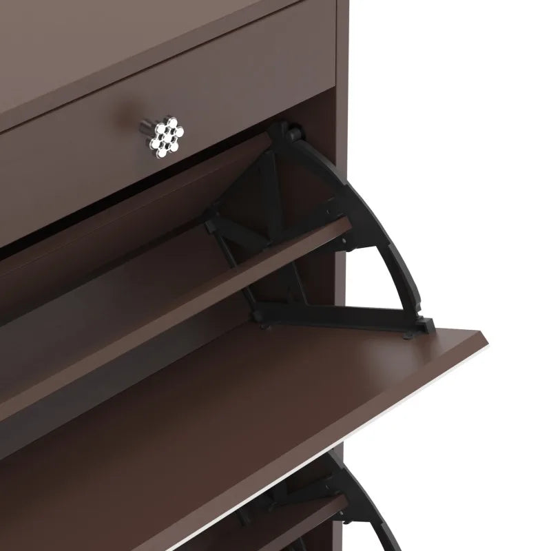 Brown Finish Mirror Shoe Cabinet with 2 Tier Storage Drawers