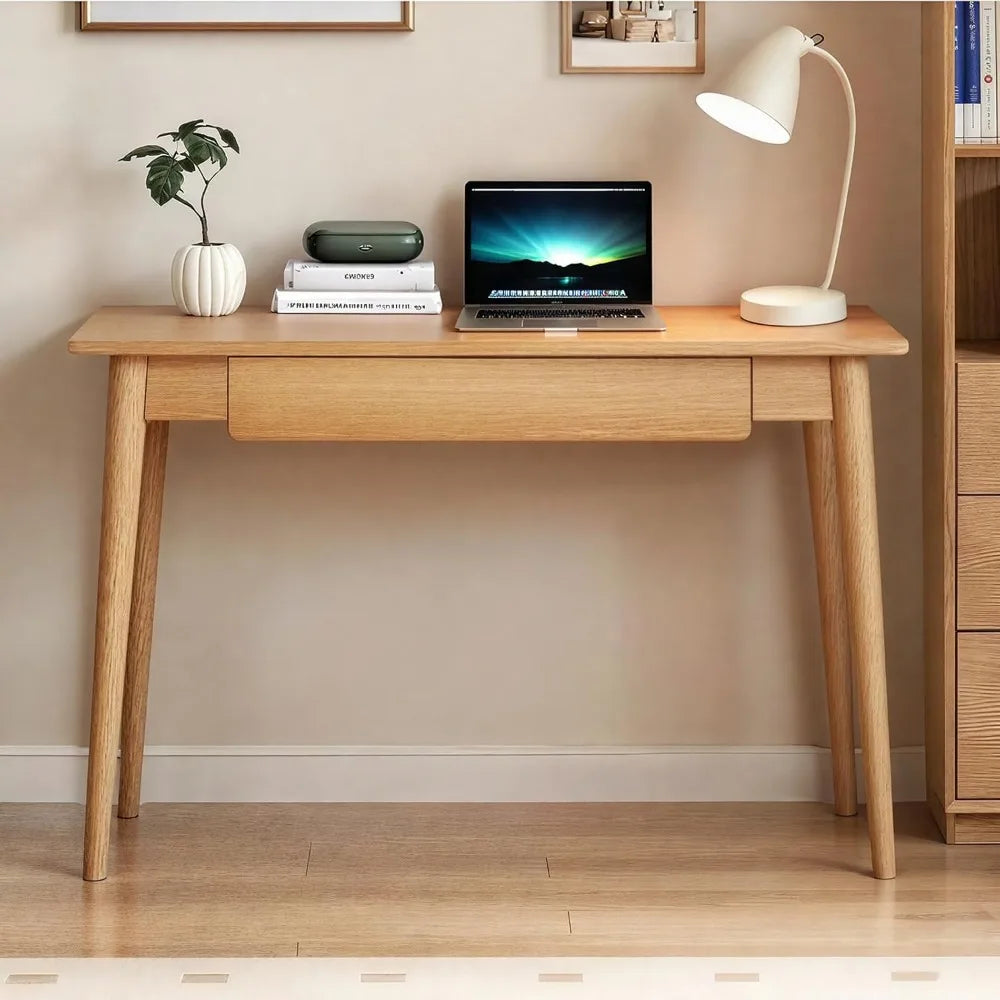 Solid Oak Mid Century Modern Writing Desk with Drawer for Home Office