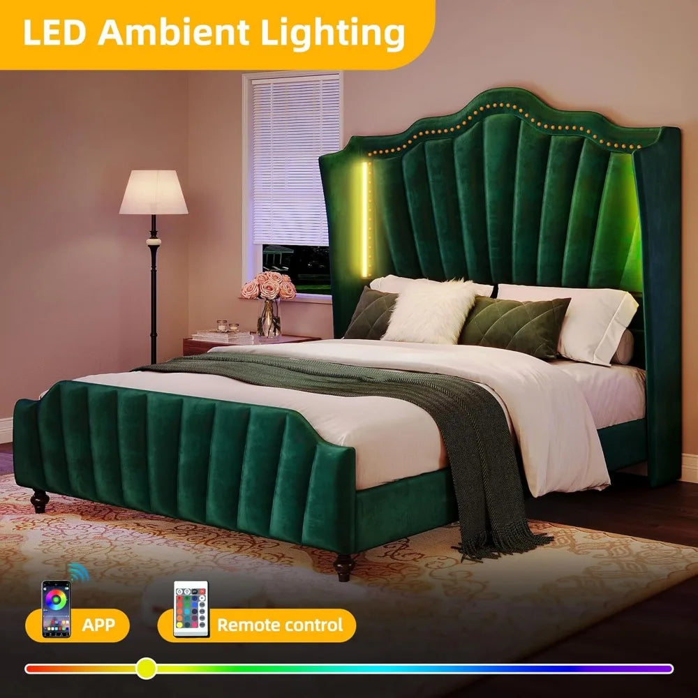 Ljustra Queen Size Platform Bed Frame with Wingback Headboard LED Light