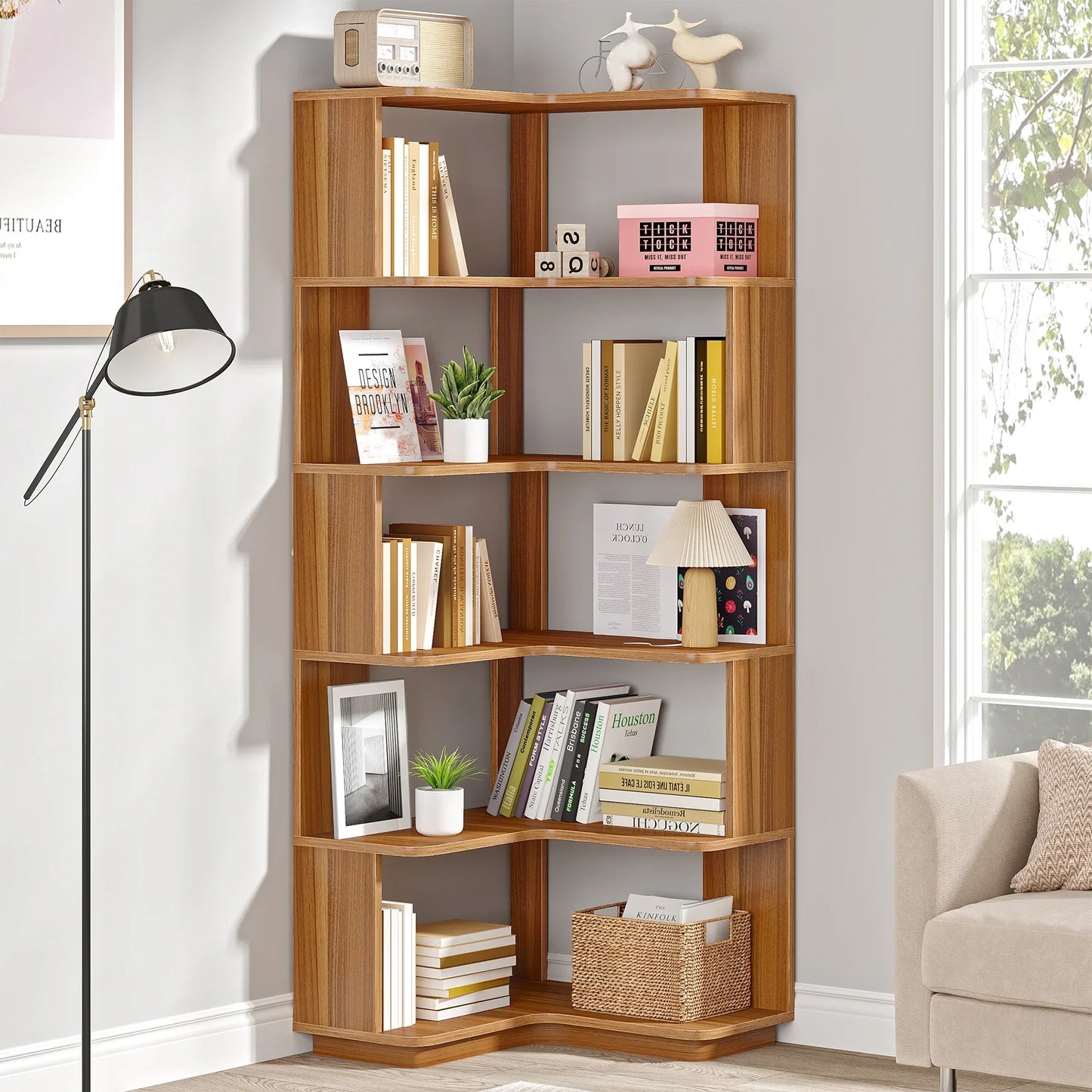Ljustra 6 Tier Corner Bookshelf Industrial Bookcase Space Saving Design
