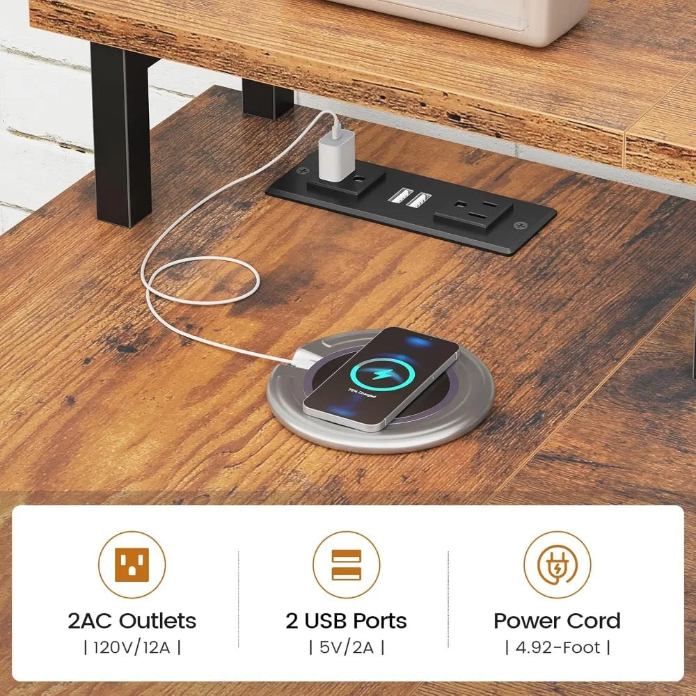 L Shaped Desk with LED Lights Power Outlets and 4 Drawers for Gaming