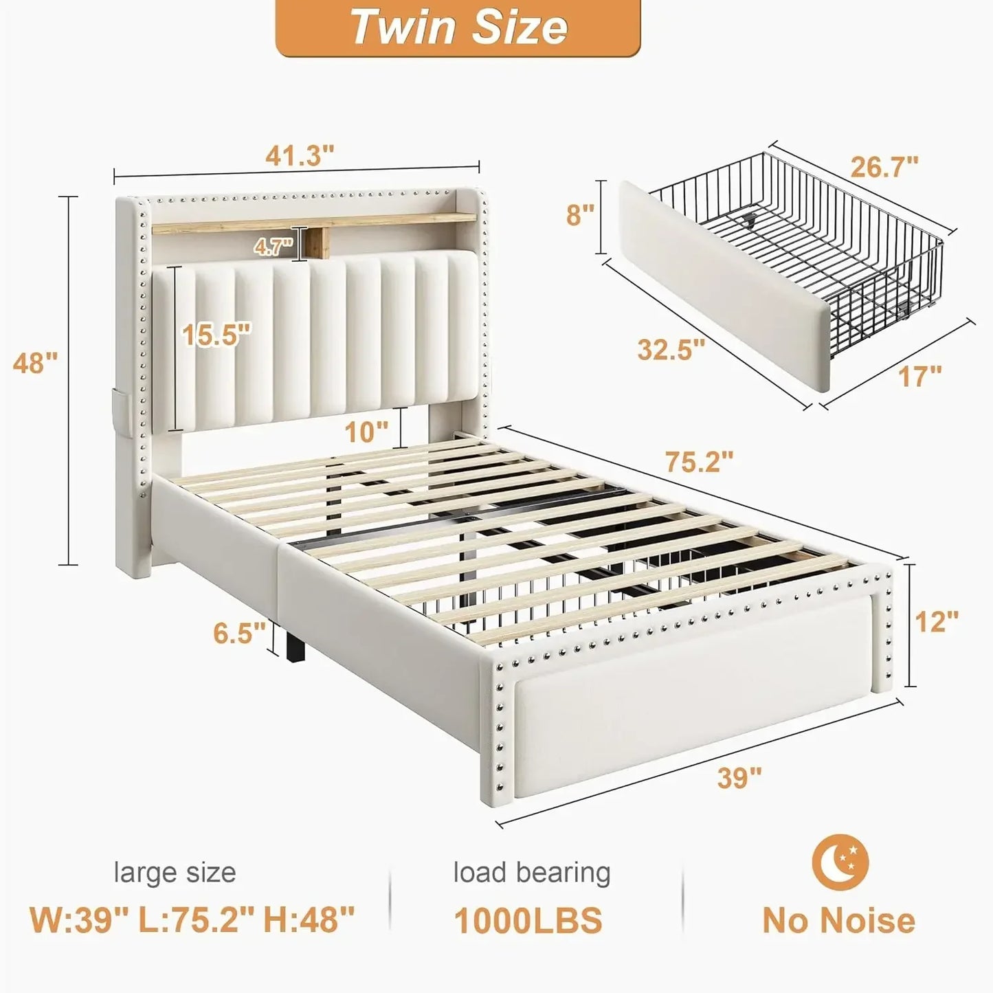 Twin Size Bed Frame with 2-Tier Storage Headboard Upholstered Platform