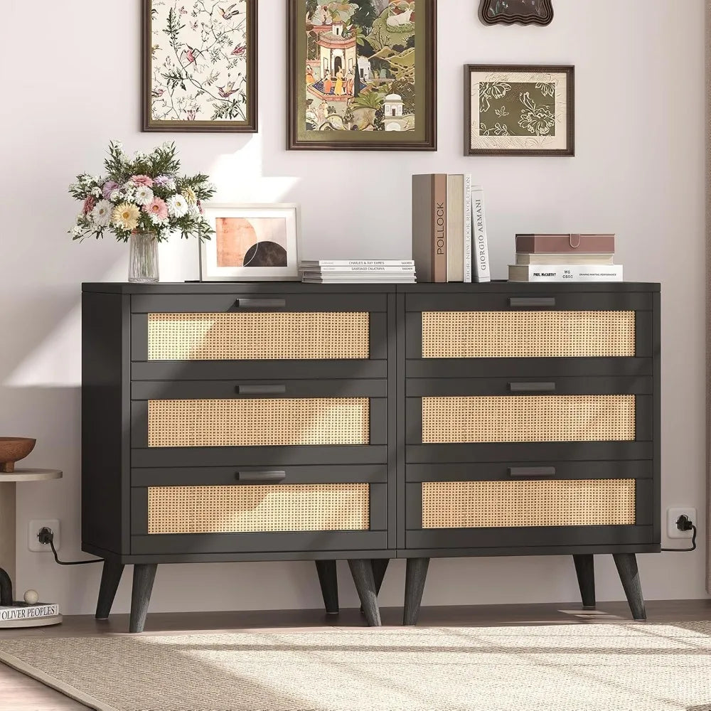 Set of 2 Rattan Nightstands with Charging Station and 6 Drawers