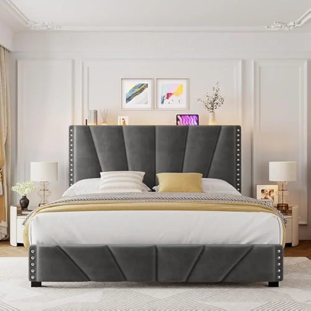 LED Bed Frame Velvet Storage Headboard with Charging Station Easy Assembly