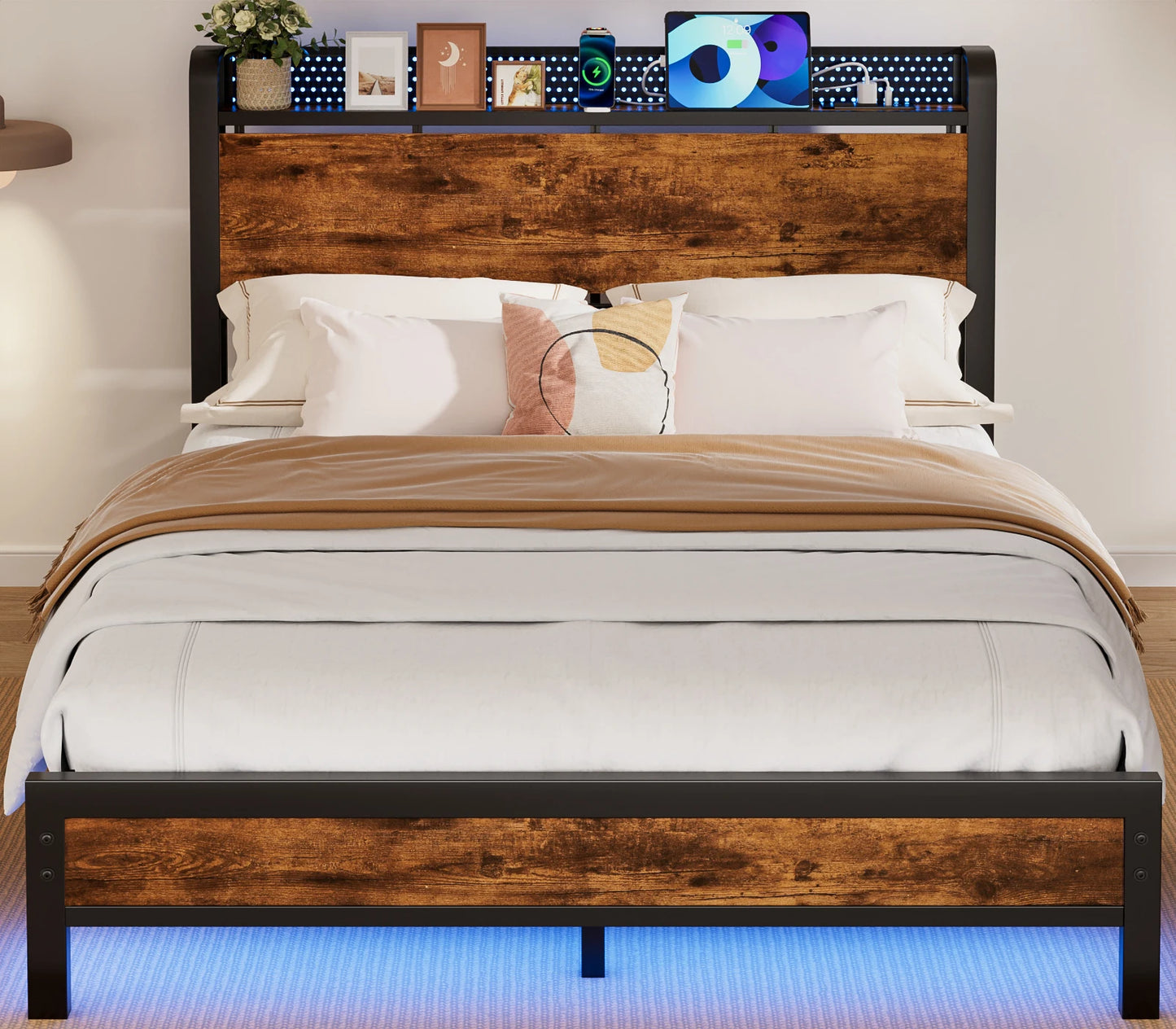 Full Queen Bed Frame with Charging Station LED Lights Storage Headboard