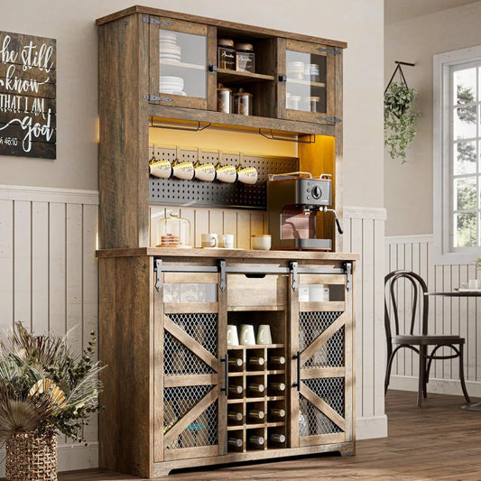 Kitchen Buffet Cabinet Coffee Bar with Power Outlet LED Light Storage