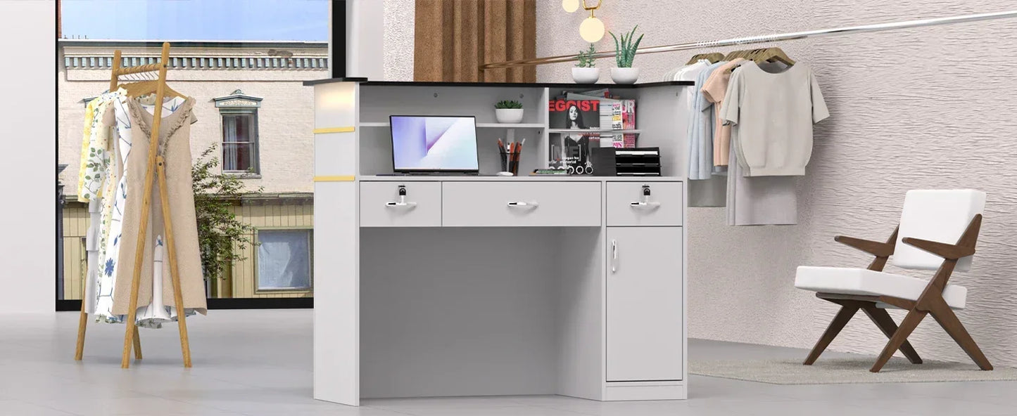 Reception Desk with LED Lights Modern Checkout Counter with Storage Lockers