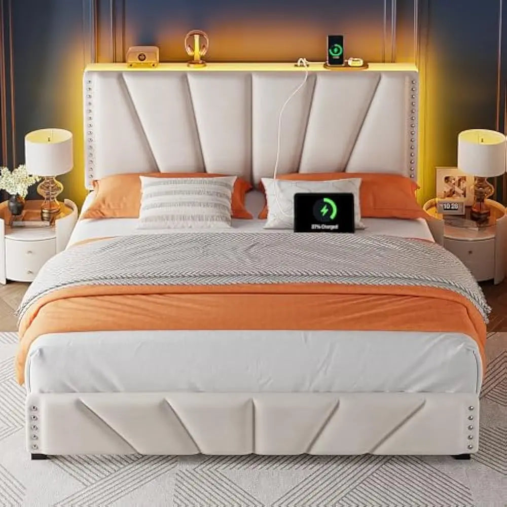 LED Bed Frame Velvet Storage Headboard with Charging Station Easy Assembly
