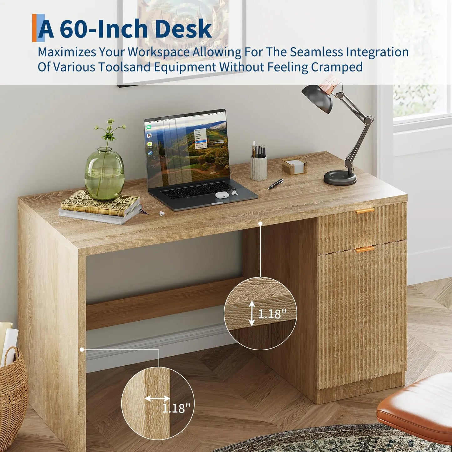 Ljustra 60 Inch Executive Desk Modern Home Office Storage Workstation