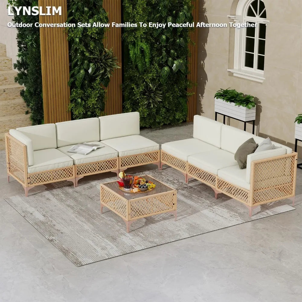 7 Piece Boho Outdoor Patio Sectional Wicker Furniture Set with Glass Table