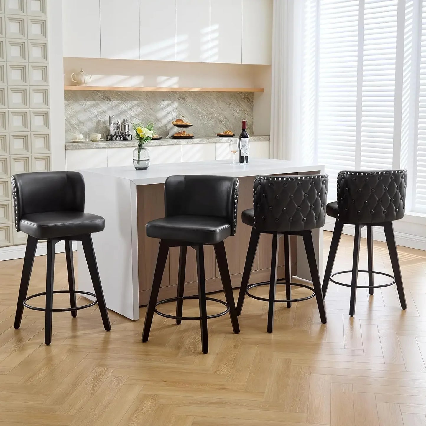 Swivel Bar Stool Set of 4 Faux Leather Low Back Kitchen Stools 27.5 Inch