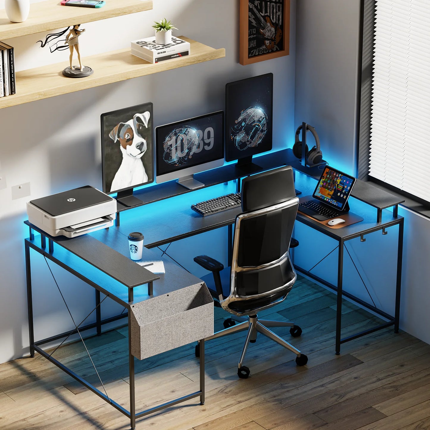 Modern L-Shaped Computer Desk with LED Lights Power Outlet and Shelves