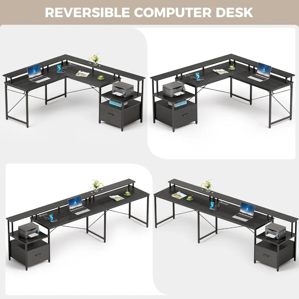 L Shaped Computer Desk with File Drawer Power Outlet LED Strip