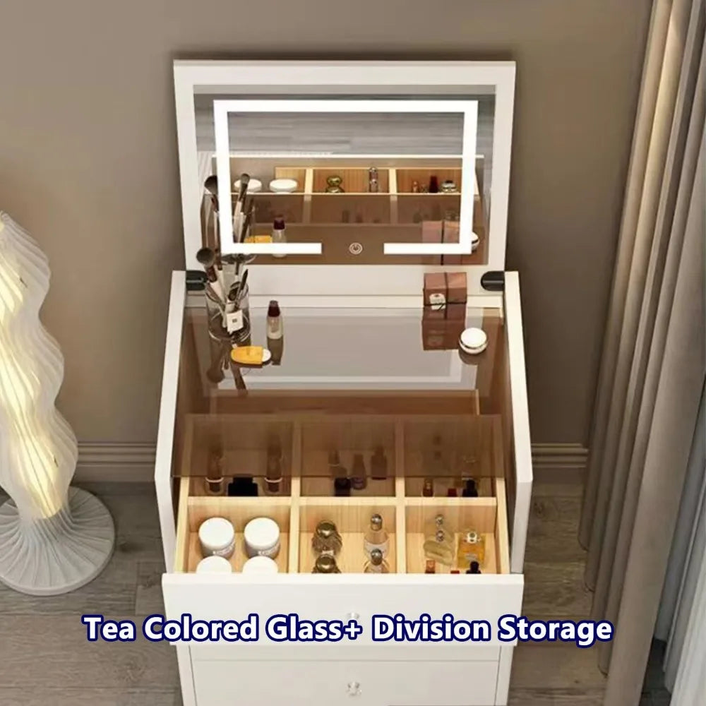 Integrated Small Vanity Desk with Mirror Compact Makeup Table USB