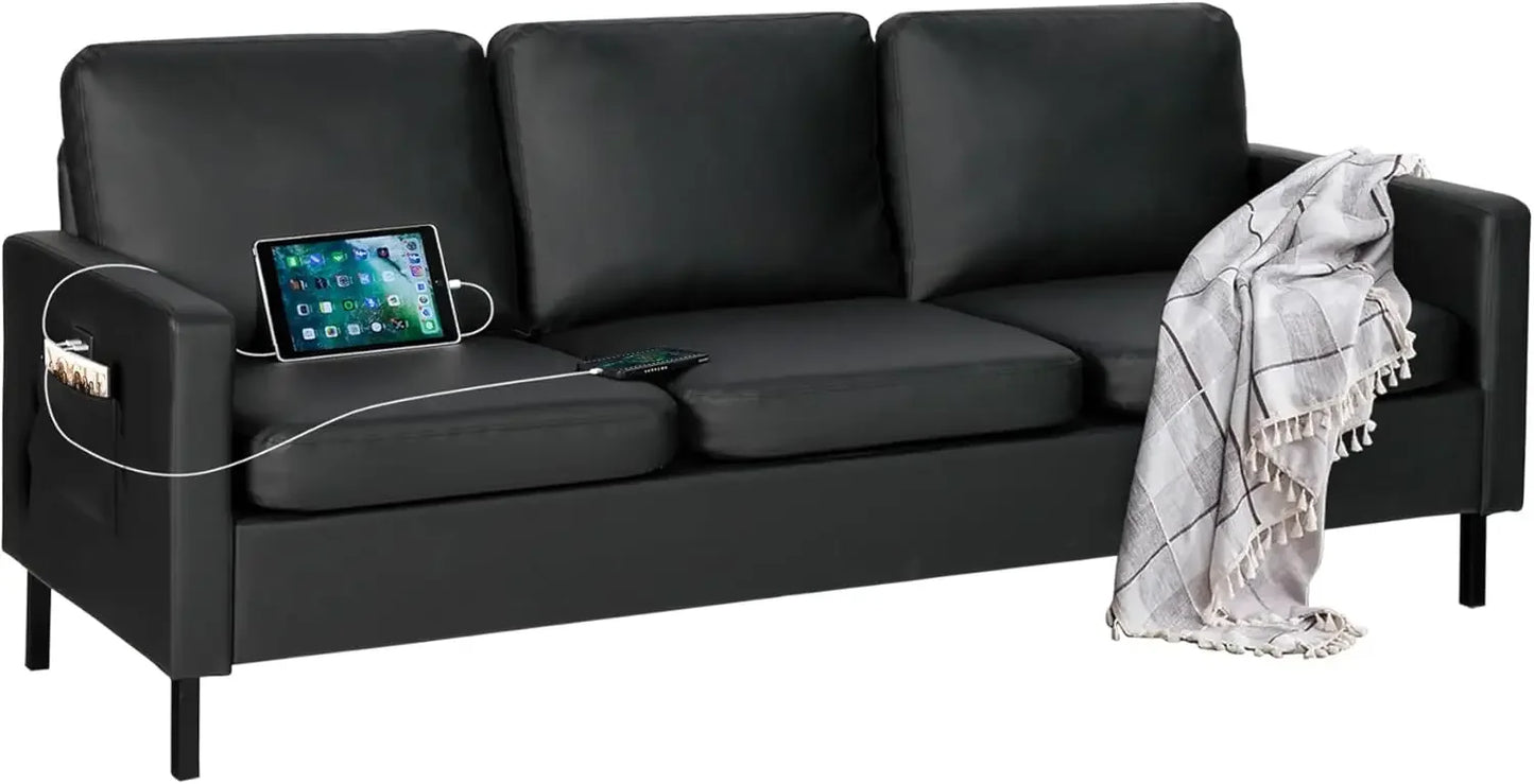 72" Faux Leather Sofa Couch with USB Ports & Storage for Living Room