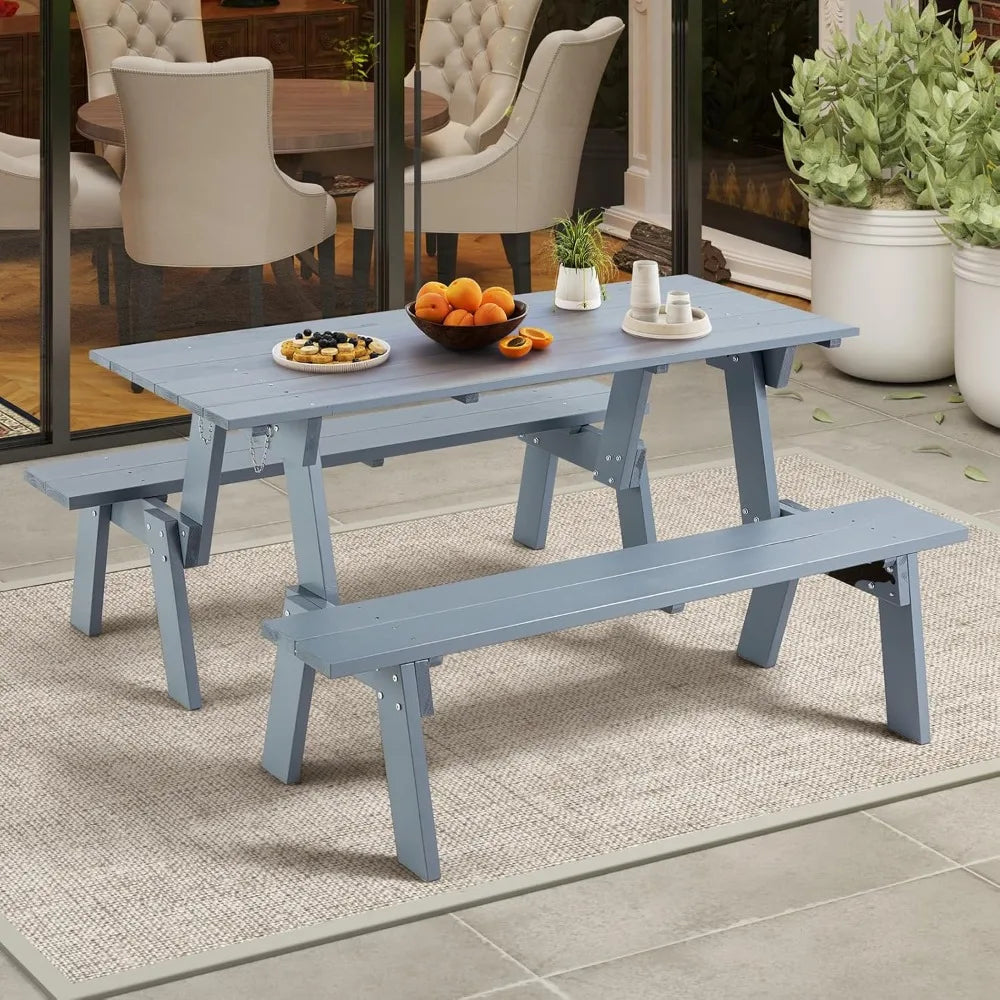 All-Weather Wood Picnic Table Bench Set Convertible Dining Outdoor