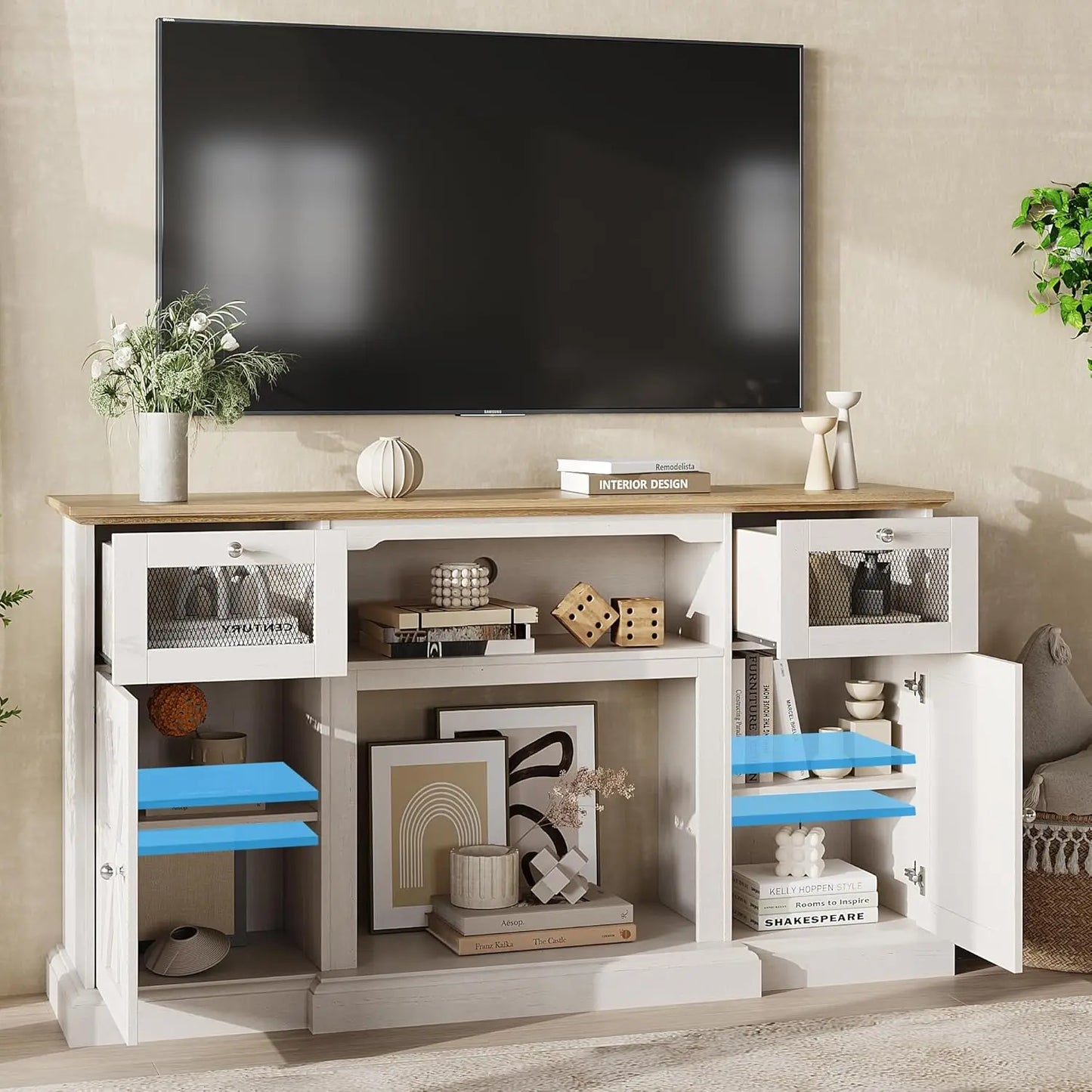 Modern Farmhouse TV Stand for 65 Inch TV Entertainment Center Storage