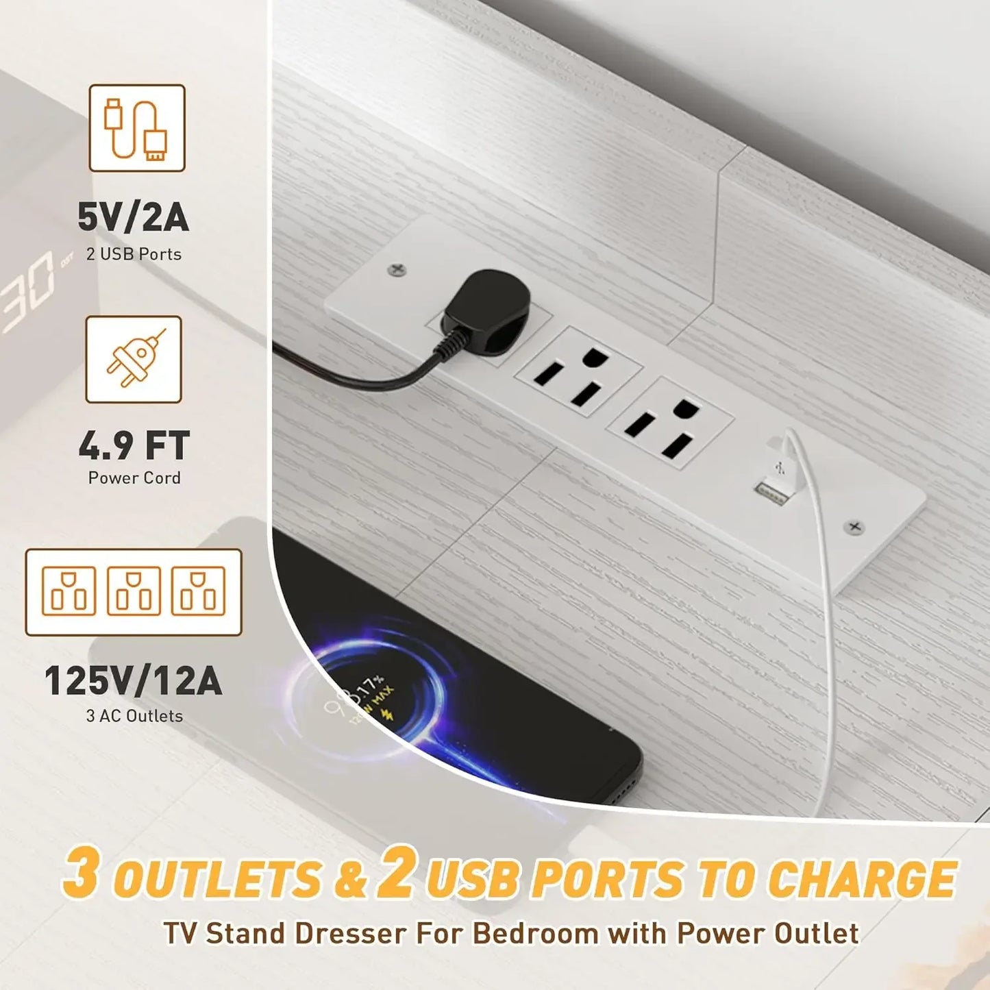 Ljustra Dresser with 11 Drawers LED Lights Charging Station for 60" TV