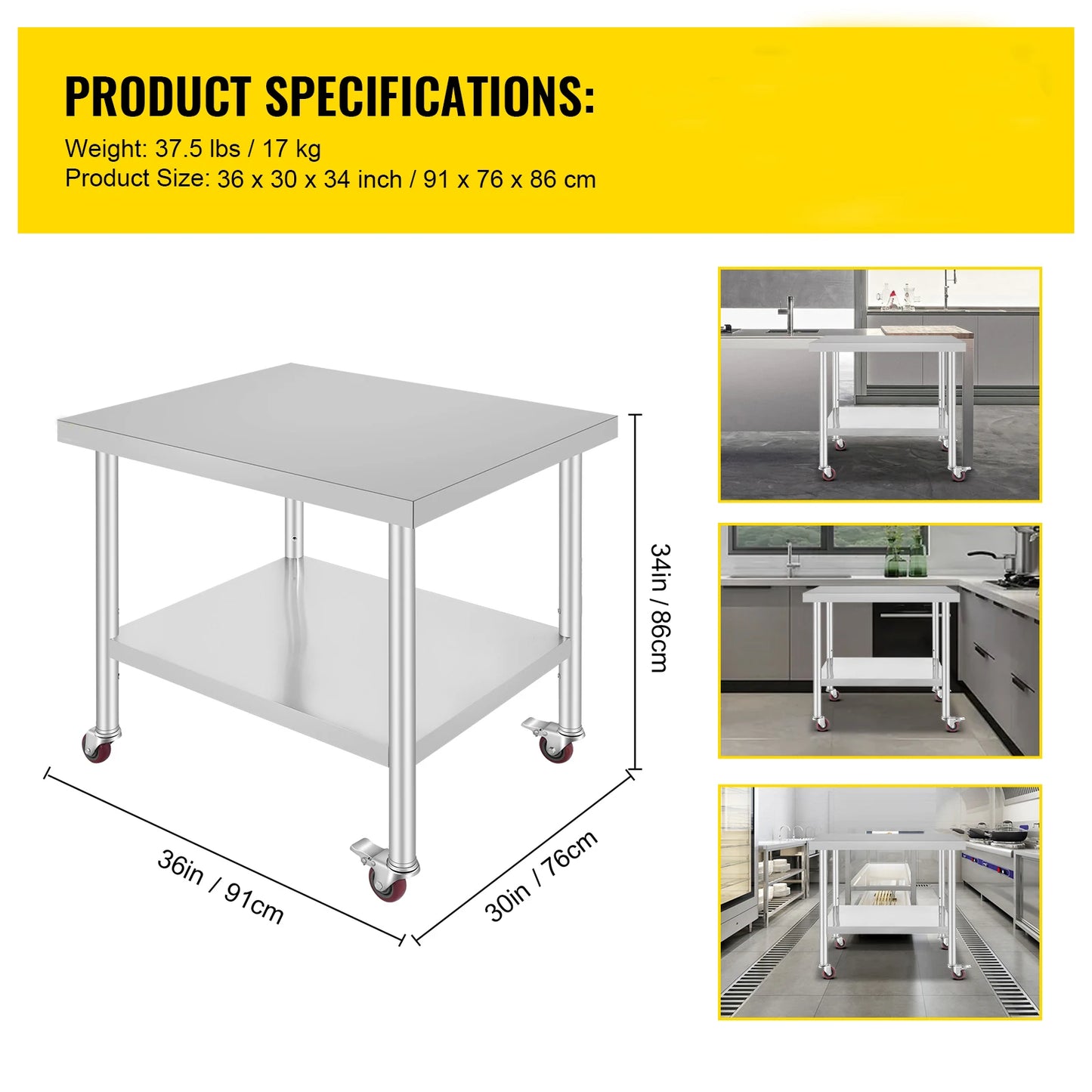 VEVOR Stainless Steel Kitchen Worktable with Caster Wheels for Storage