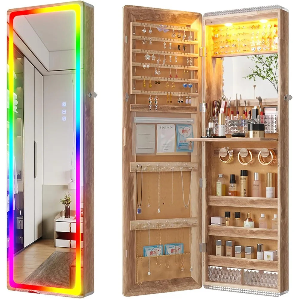 LED Mirror Jewelry Cabinet Wall Mounted Organizer with RGB Lights