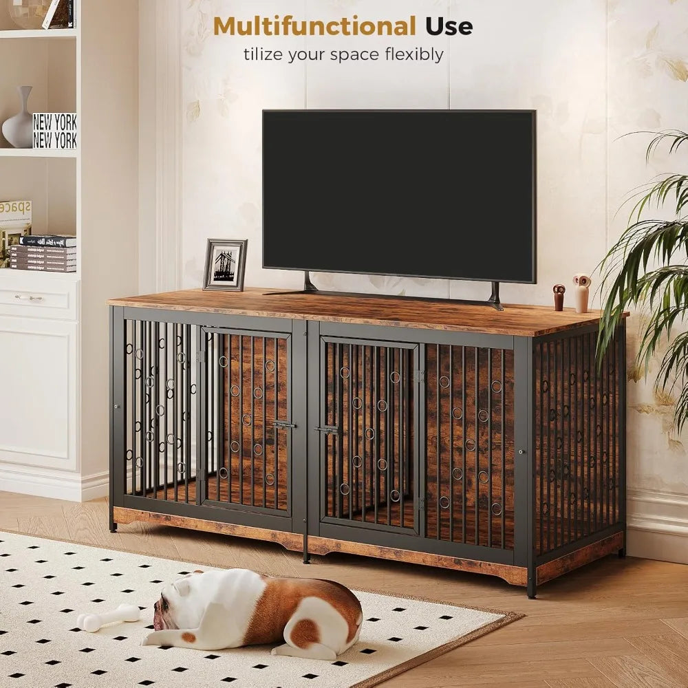 71 Inch Dog Crate Furniture for 2 Dogs XXL Wooden Dog Cage Kennel