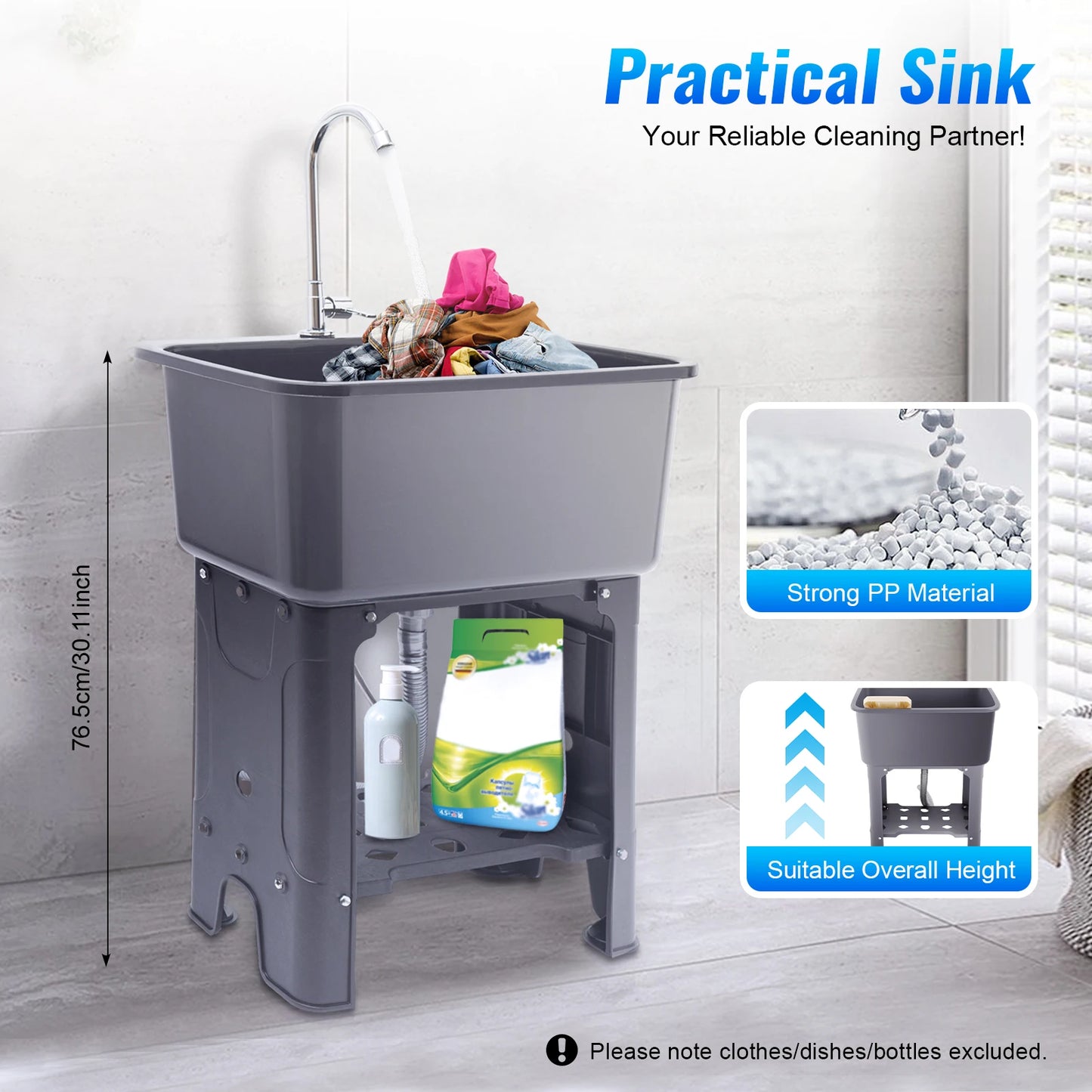 Black Gray Floor-standing Kitchen Sink with Faucet Utility Sink