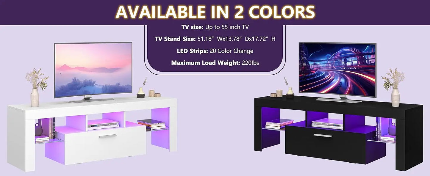Modern White LED TV Stand with Large Storage Drawer for Living Room