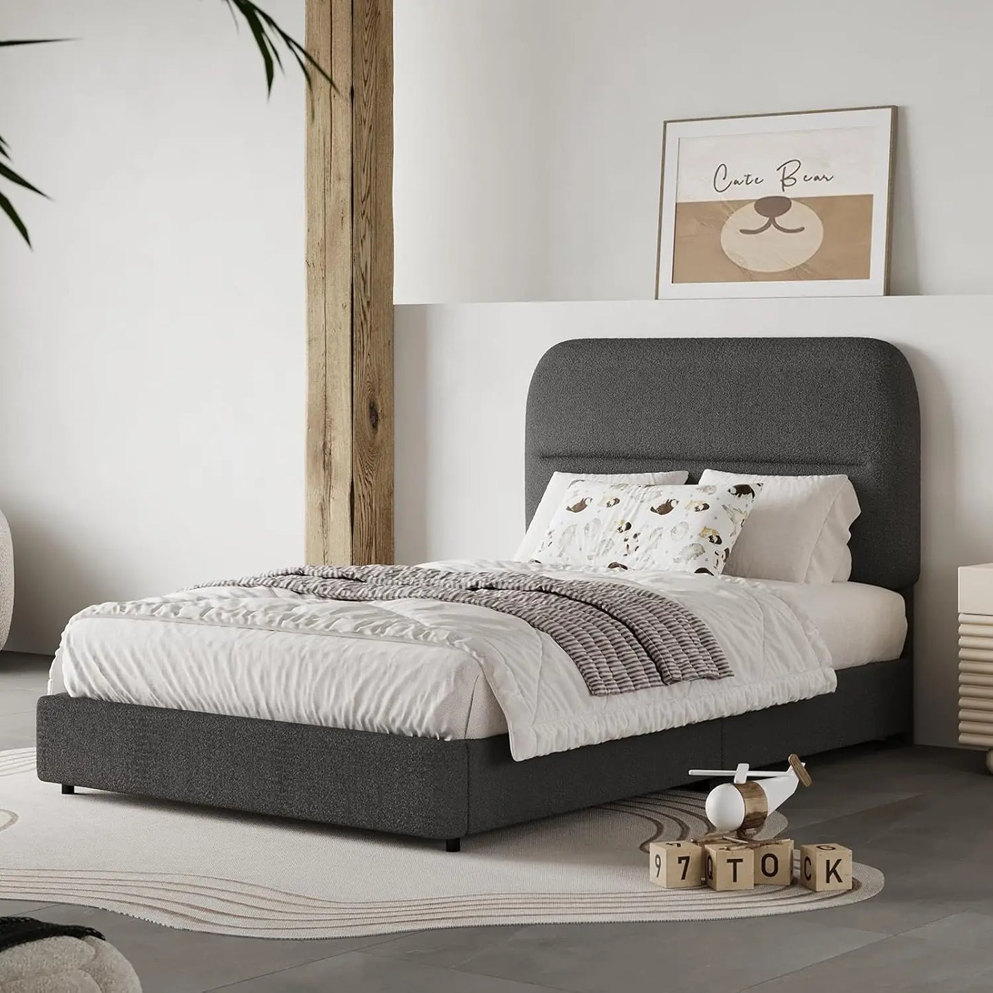Boucle Upholstered Bed Frame Modern Soft Cloud Bed Frame with Headboard