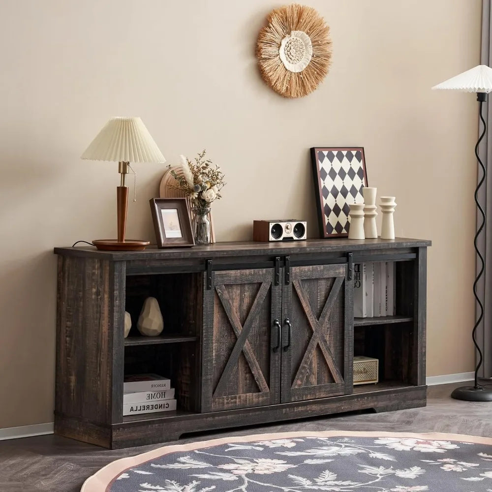 66 Inch Farmhouse TV Stand for 75 Inch TVs with Sliding Barn Door