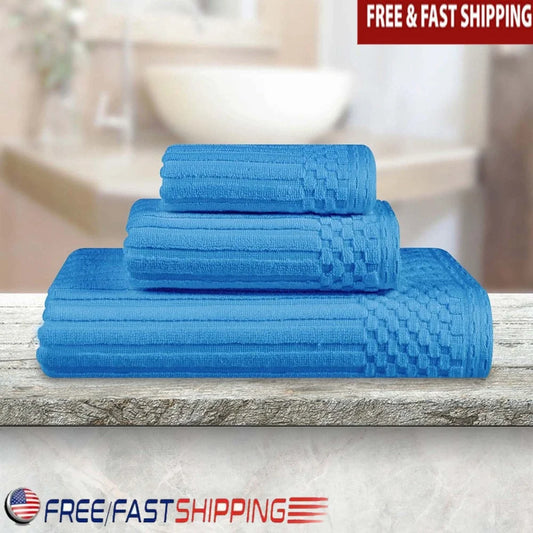 3 Piece Ribbed Cotton Towel Set Absorbent Quick Dry Bathroom Essentials