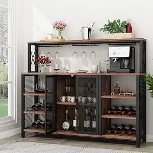 Bar Cabinet 55 Inch Coffee Bar Cabinet with Wine Rack Glass Holder