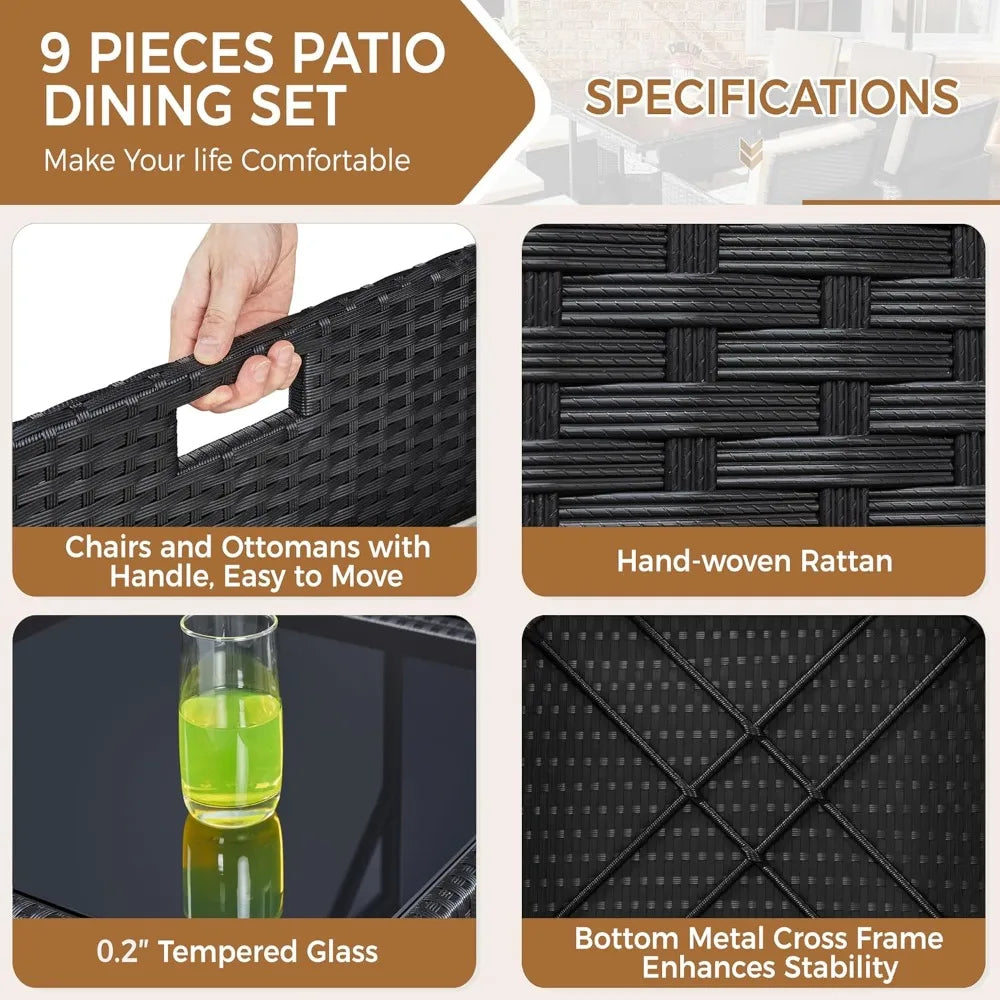 9-Piece Outdoor Rattan Dining Set Space Saving Wicker Furniture